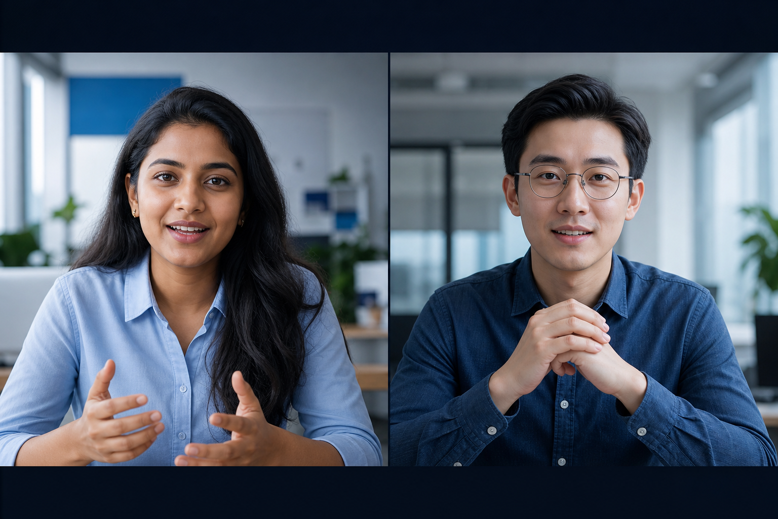 Two colleagues speaking face to face through Eagle Communicator